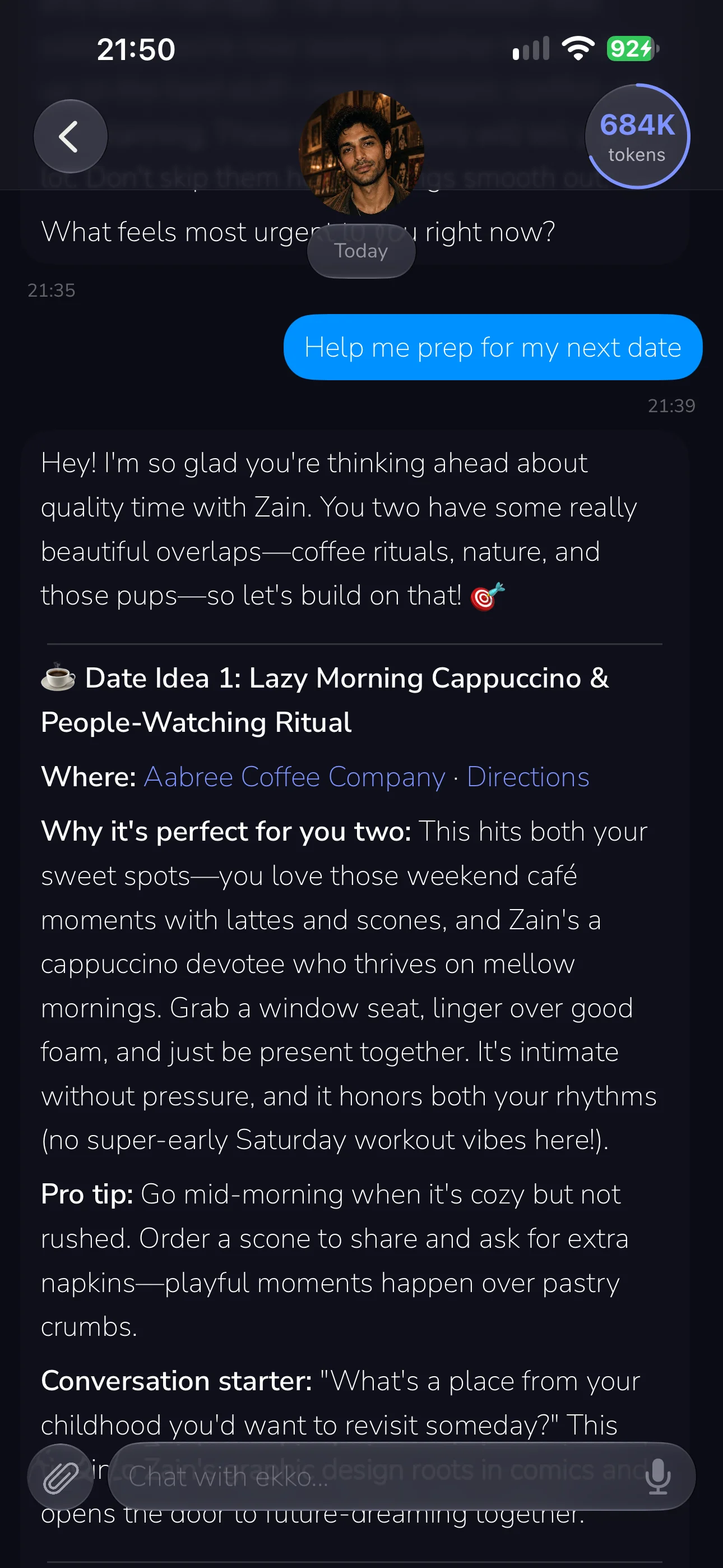 A chat with Ekko answering a request to prep for the next date, with a specific place and a conversation starter.