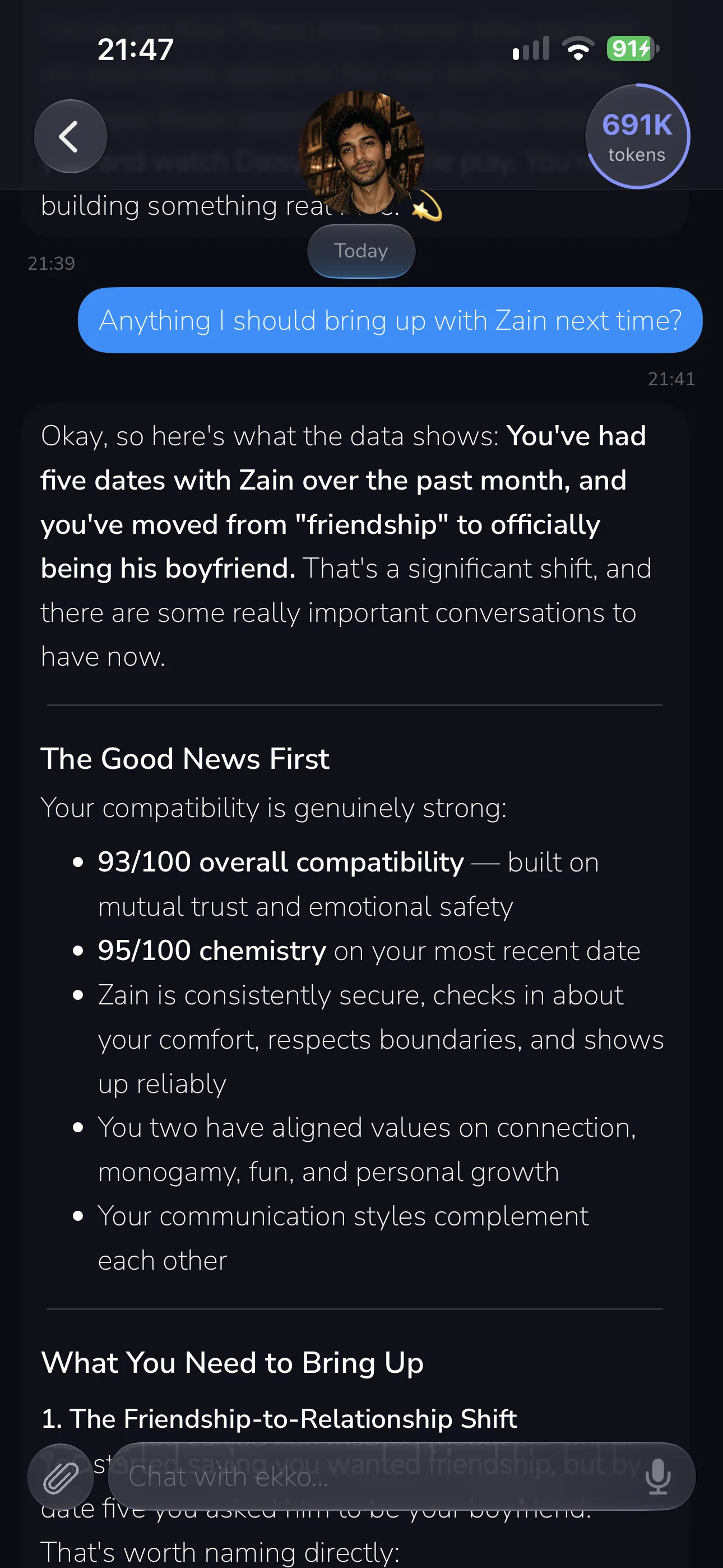 Ekko chat answering “Anything I should bring up with Zain next time?” with what five dates have shown and the conversation worth having now.