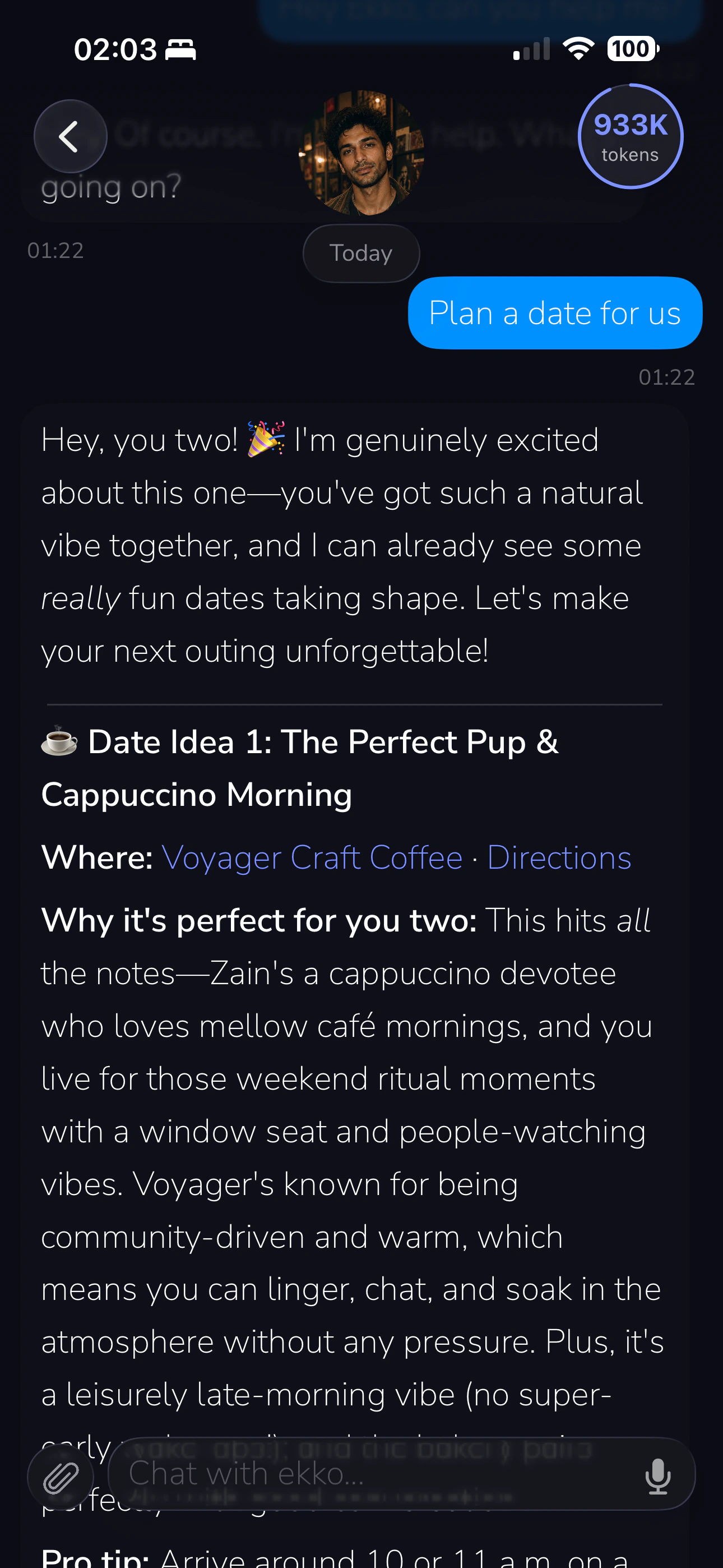 Ekko chat planning a date, with a café idea tailored to both people and a conversation starter to try.