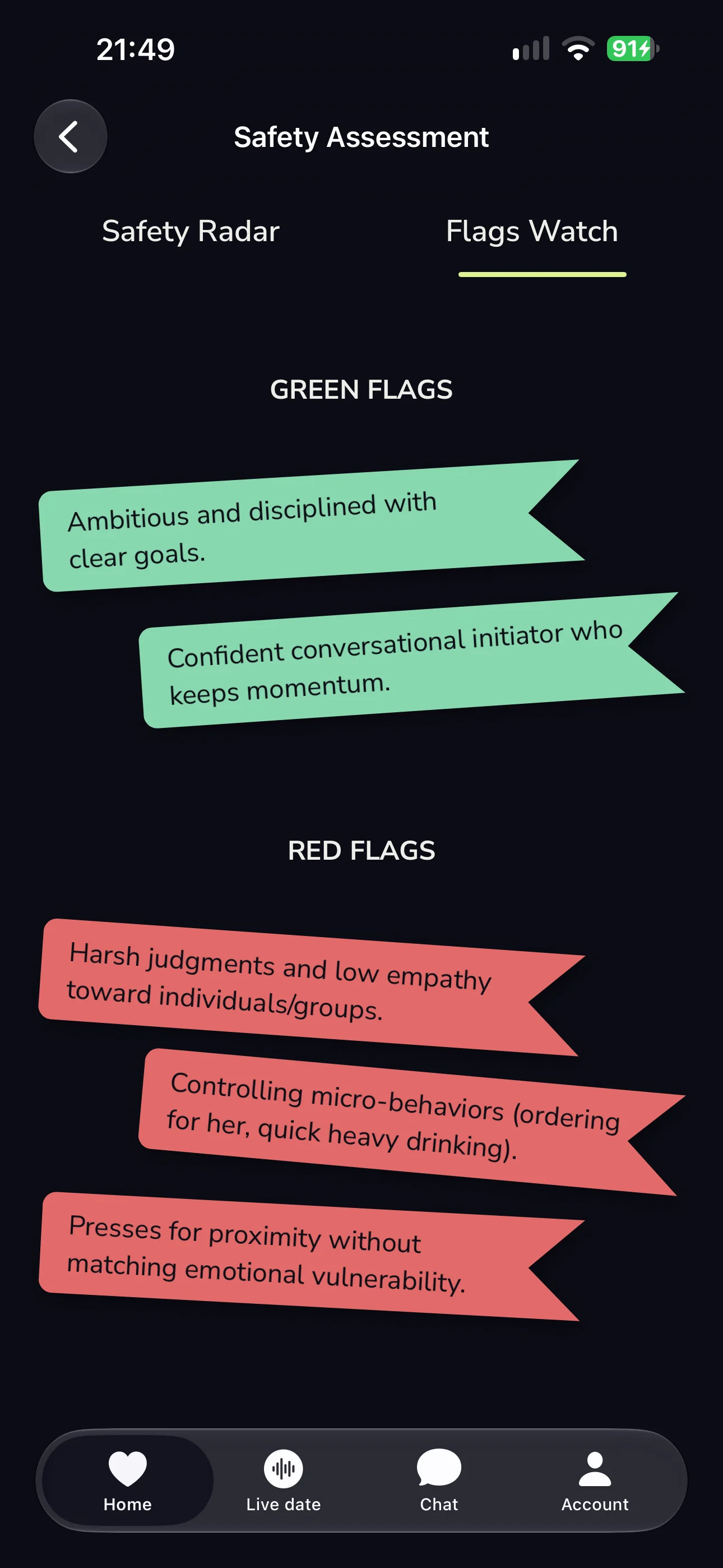 Ekko flags watch listing green flags and red flags noticed during the conversation.