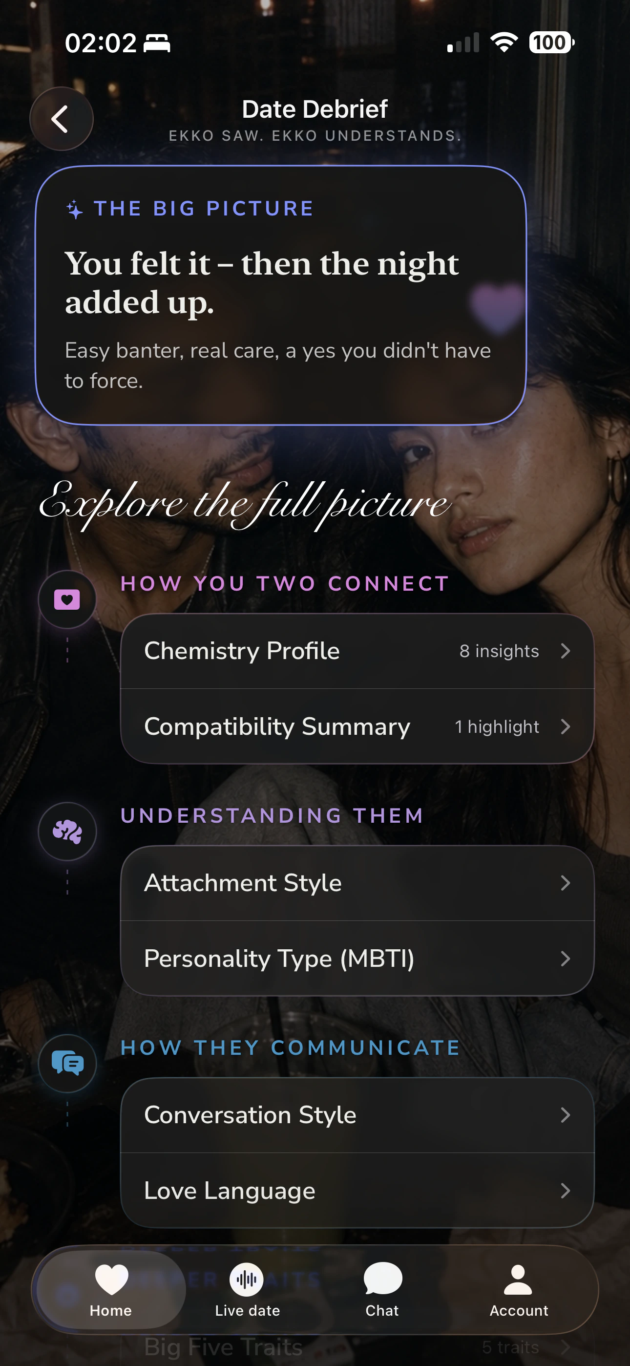 Ekko date debrief screen with a big-picture recap and links to chemistry, compatibility, attachment, personality, and conversation insights.