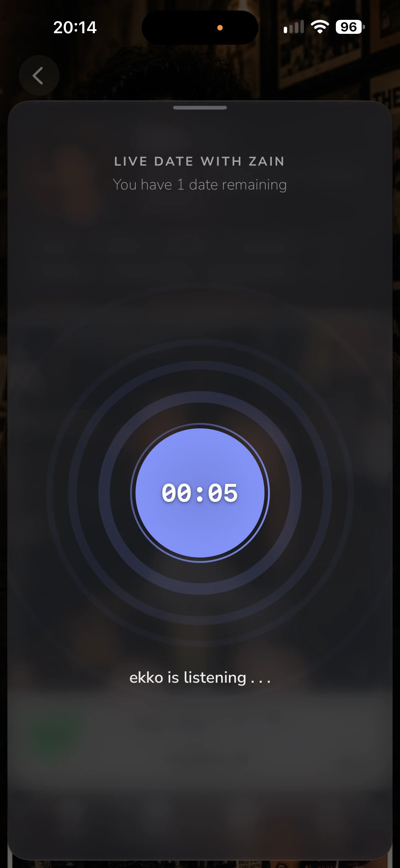 A live date with Zain in progress, a running timer at five seconds and the words ekko is listening.