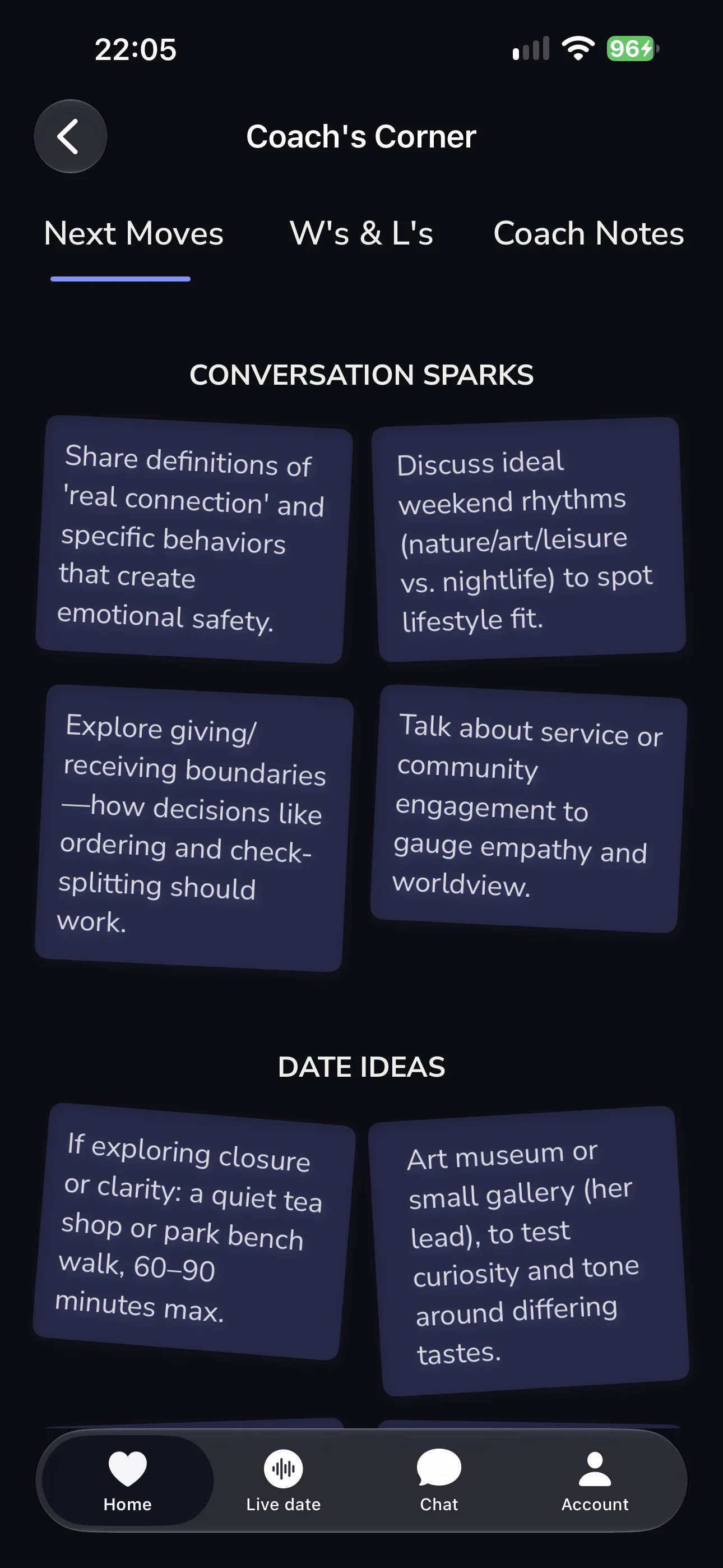Ekko suggesting conversation sparks worth raising next time, above date ideas picked to test what is still unclear.