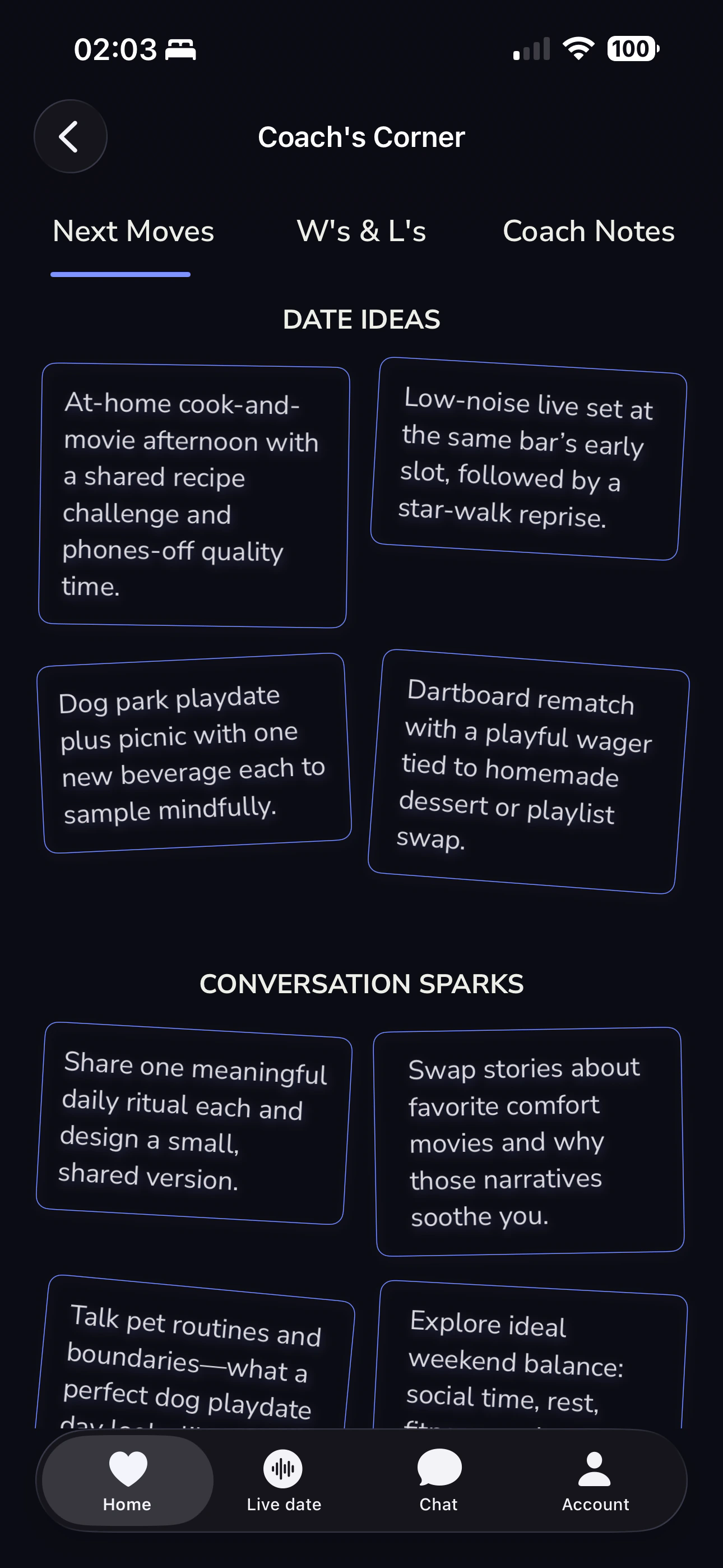 Ekko coach’s corner with date ideas and conversation sparks for what to do next.