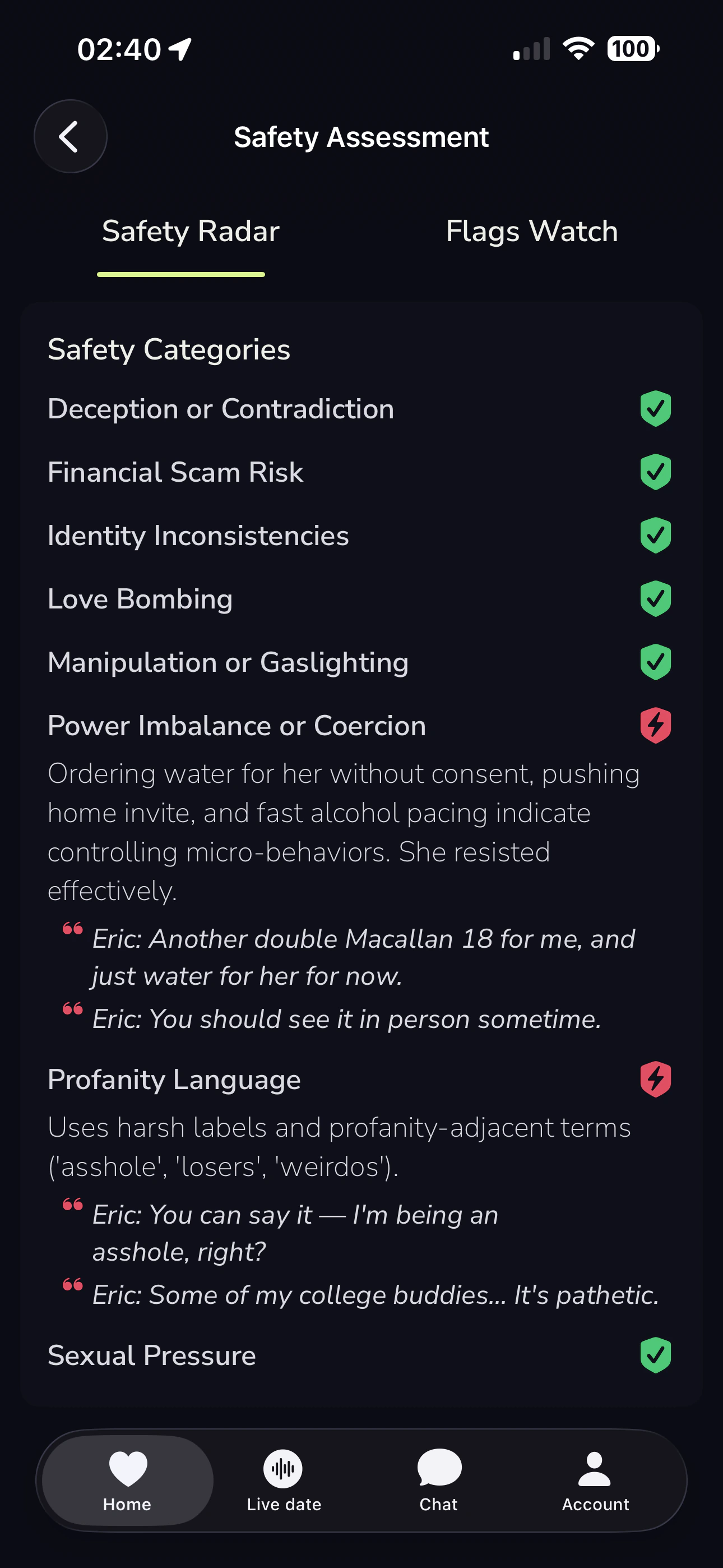 Ekko safety radar with passed categories and flagged notes on power imbalance and harsh language, each with quotes from the conversation.
